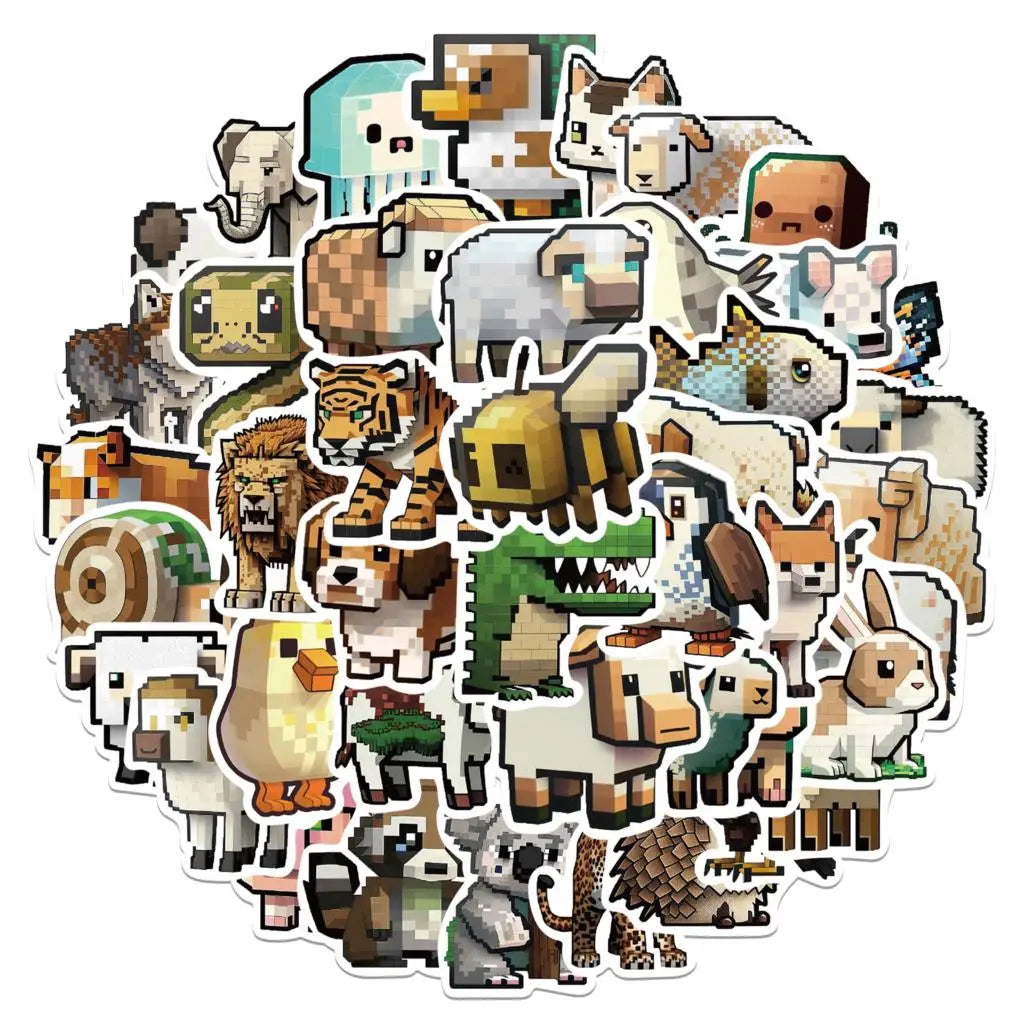 50PCS Cartoon Zoo Pixel Wind Wild Animals Stickers Kawaii Dog Pig DIY Kids Toys Phone Skateboard Laptop Graffiti  Decals