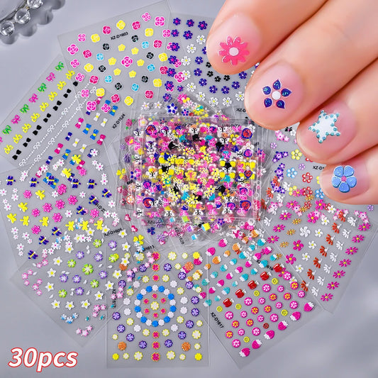 3D Daisy Nail Art Stickers Set - 30pcs Floral Decals