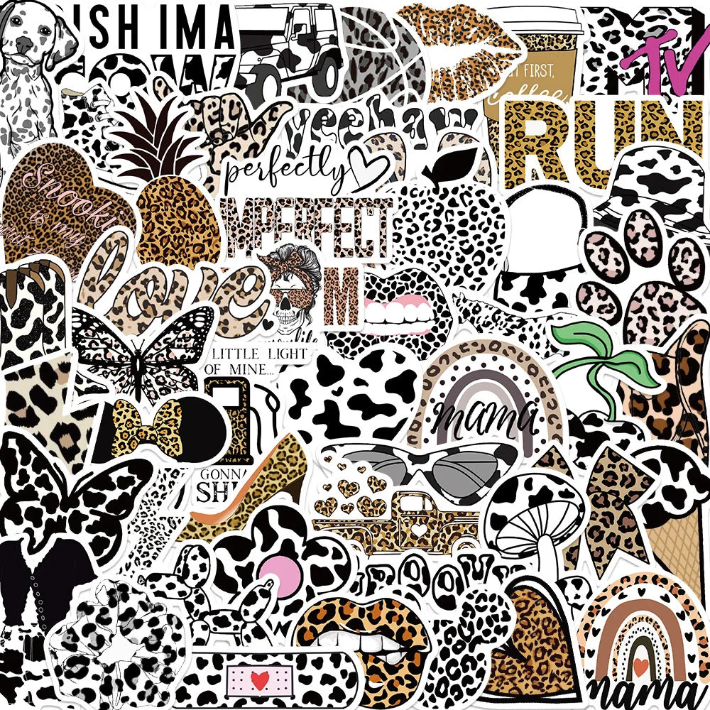 50Pcs Fashion Sexy Leopard Print Animal Sticker Irregular Phone Computer Luggage Motorcycle Helmet Decorative Sticker Decal