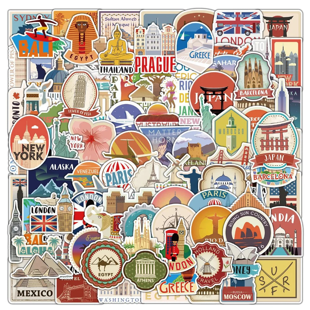 100Pcs Global Travel City Landscape Stickers DIY Toys Stationery Case Skateboard Laptop Guitar Pegatinas Decals Stickers