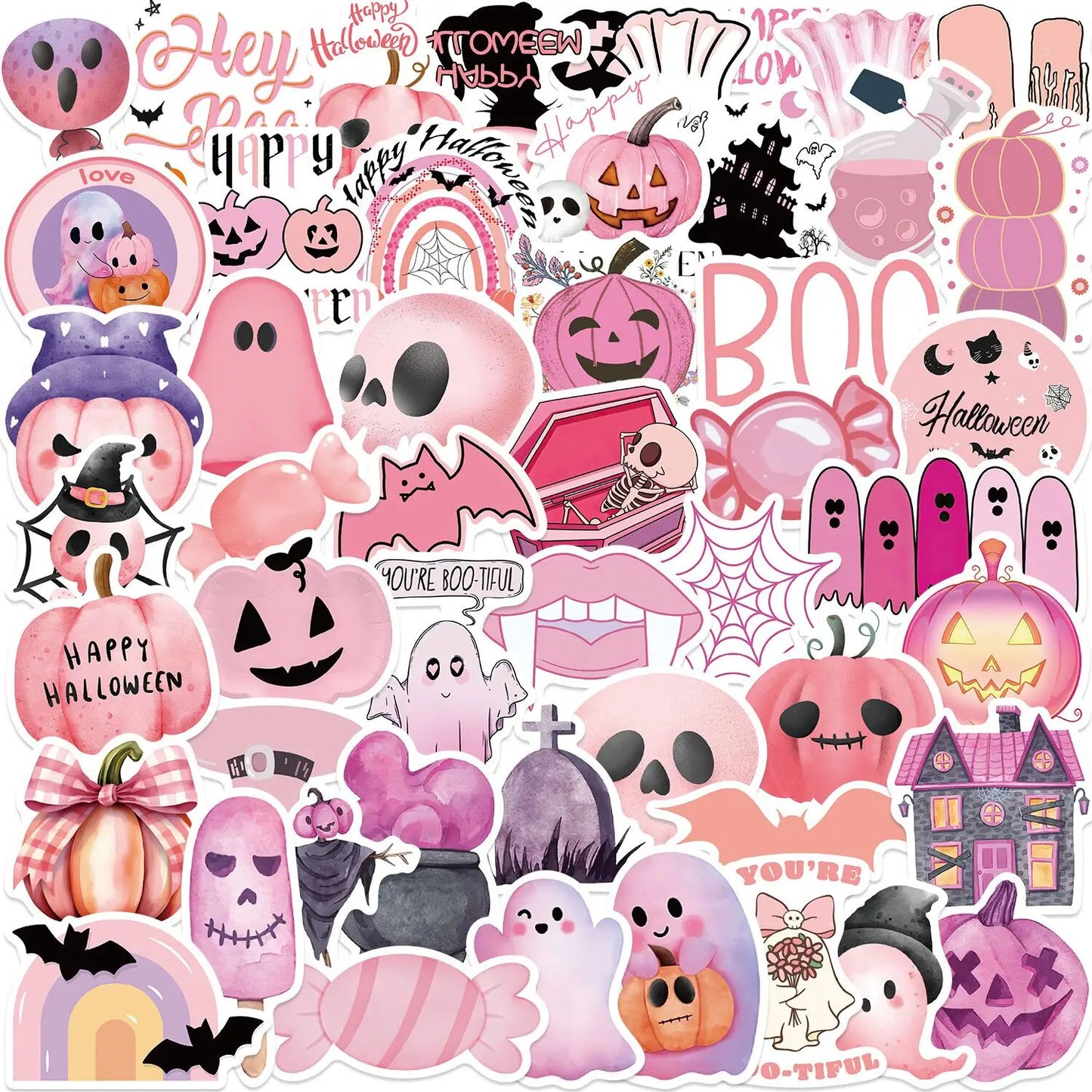 10/50pcs Kawaii Pink Halloween Ghost Skull Pumpkin Stickers Notebook Guitar Skateboard Waterproof Cute Decorative Sticker Toy