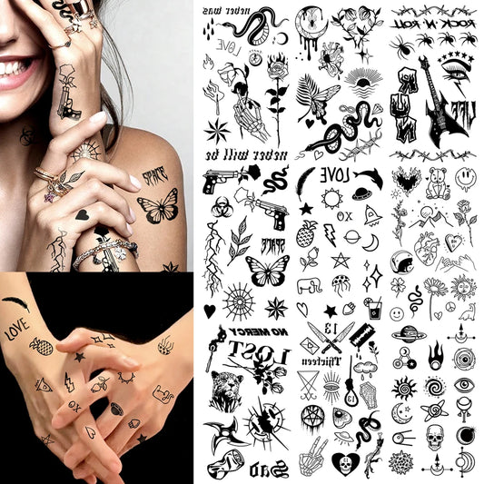 10pcs Waterproof Temporary Tattoo Sticker Dark Small Symbol Emoticon Flower Skull Body Art Arm Fake Tattoos Women Men Neck Hand