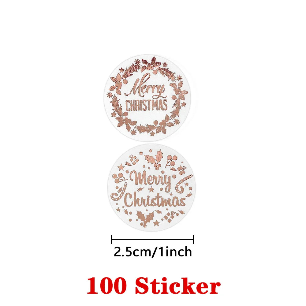1" Merry Christmas Rose Gold Waterproof Stickers - 100-500 Pcs Holiday Gift Seals