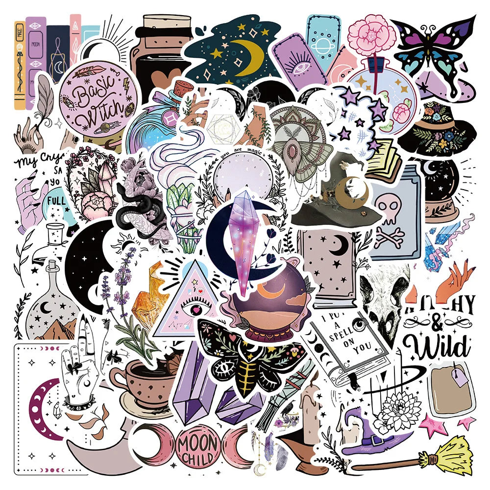Boho Witchy Magician Stickers: 10/30/50PCS Cartoon Decals for Laptop, Luggage, Skateboard, Kid Gifts