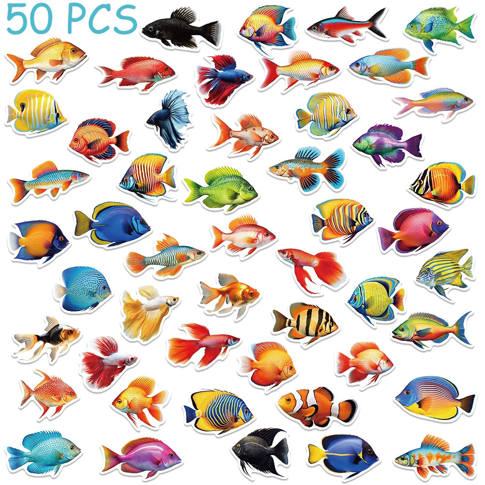 50pcs Cute Cartoon Fish Stickers Aesthetic Decals For Laptop Skateboard Suitcase Scrapbook Stationery Supplies Graffiti Stickers