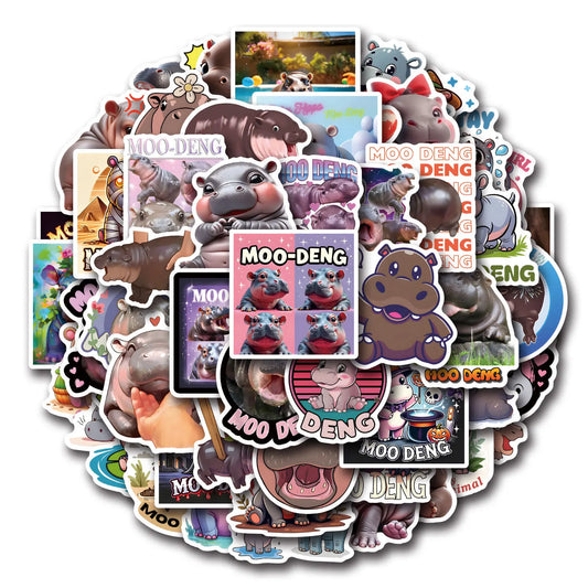 Moo Deng Hippopotamus Stickers Kawaii Animal Decals for Scrapbook, Laptop, Bike, Kids Toy