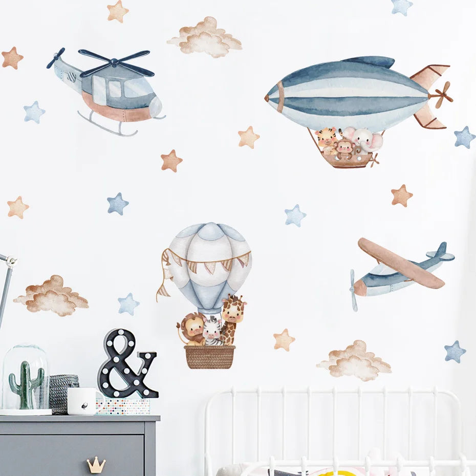 Cartoon Animal Hot Air Balloon Wall Stickers for Kids Room Decor Removable Decal