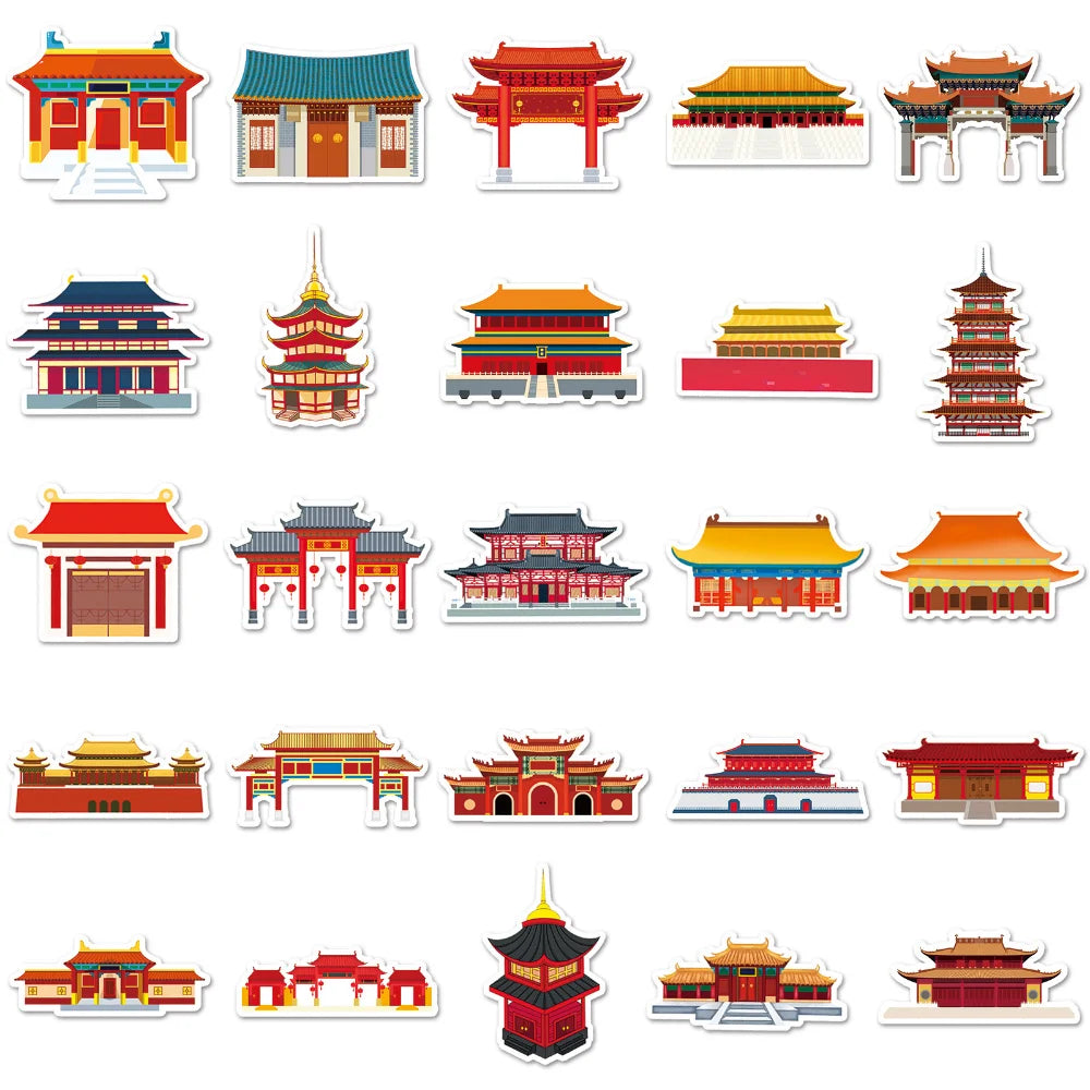 10/50pcs Antique Building House Stickers Personalized Chinese Style Stickers DIY Mobile Phone Case Suitcase Stickers Waterproof