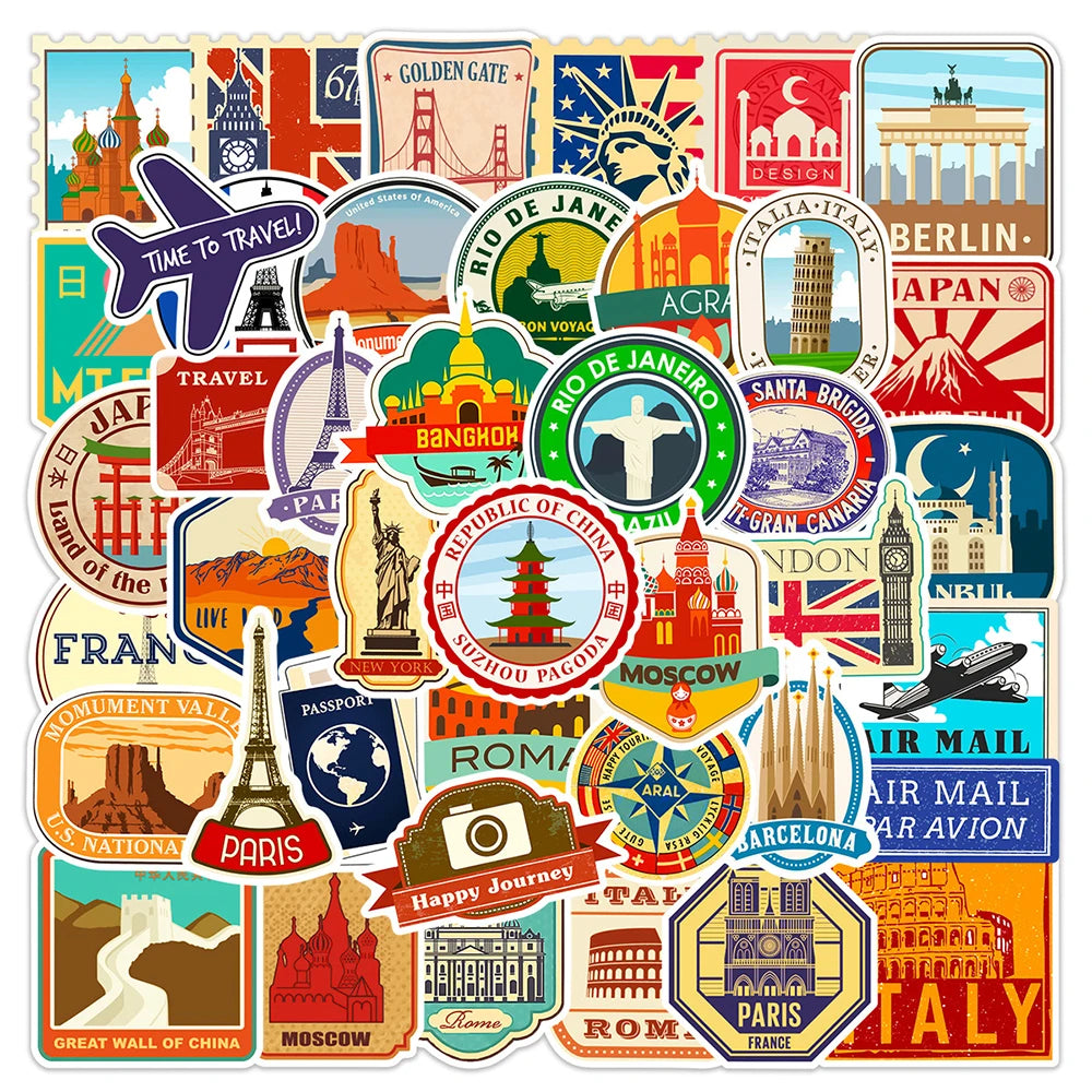 10/30/50PCS Building Landmark Vintage Travel Stickers Graffiti DIY Phone Luggage Laptop Guitar Suitcase Skateboard Kids Sticker