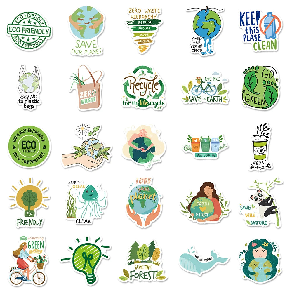 10/30/50PCS Protect Environment Green Cartoon Sticker DIY Waterproof Suitcae Bicycle Skateboard Scrapbook Car Laptop Wall Decals