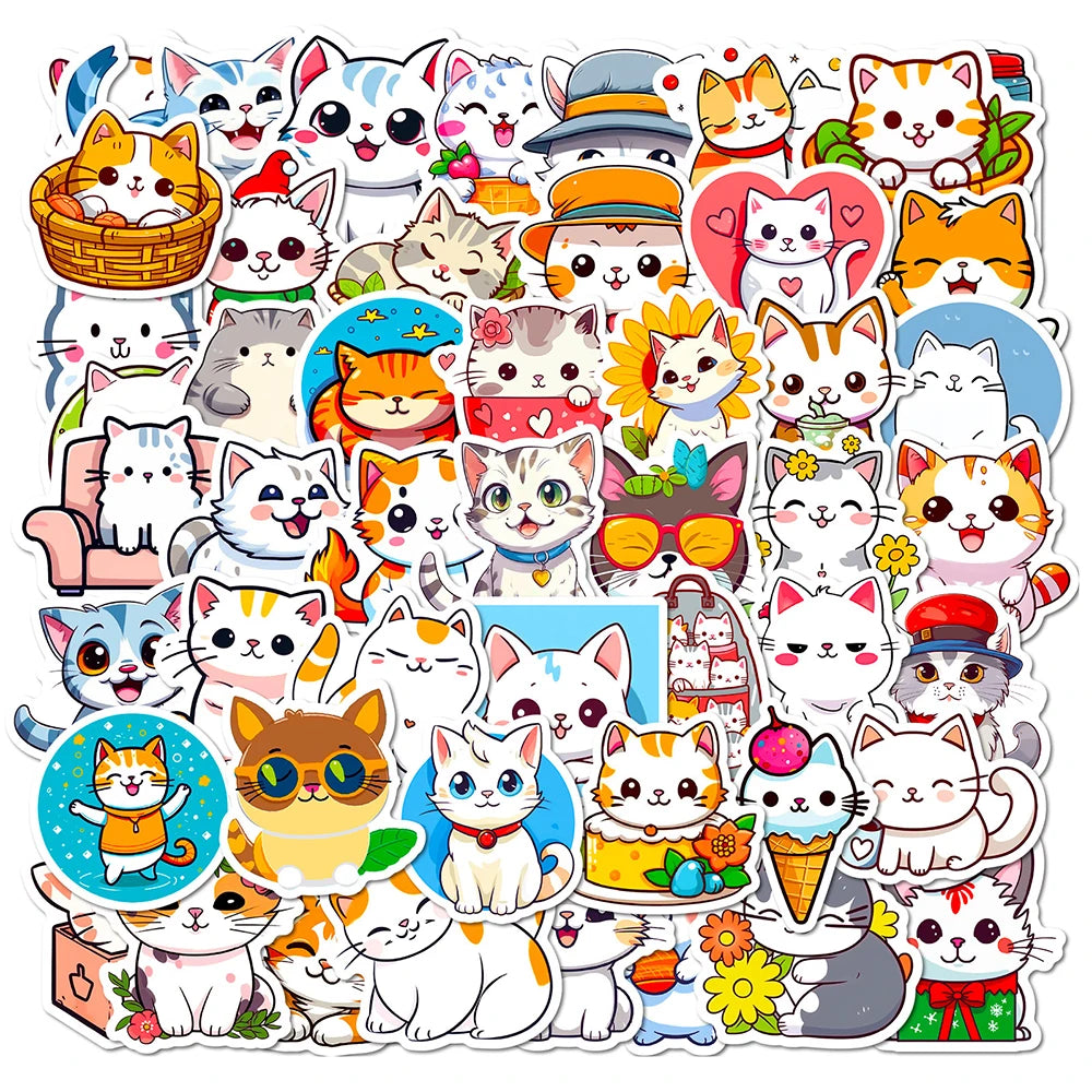 10/30/50PCS Cute Cats Cartoon Stickers Toys Funny Animal Decals Decoration DIY Notebook Phone Car Bike Waterproof Kids Sticker