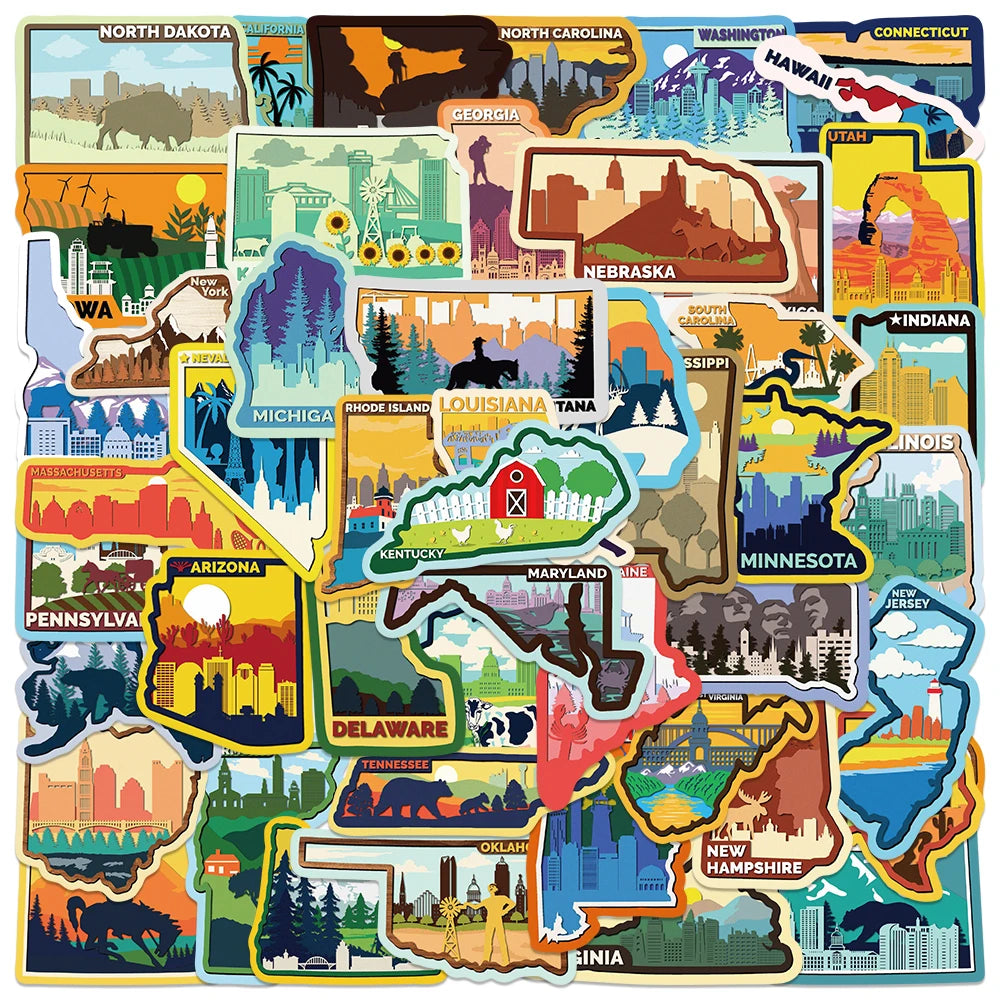 50pcs Various Continents In America Stickers Decals For Phone Laptop Luggage Skateboard Scrapbook Cartoon Aesthetic Stickers