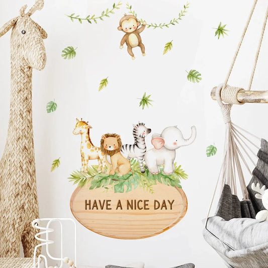 Watercolor Elephant Giraffe Tropical Leaves Wall Stickers Nursery Decals Kids Room Decor