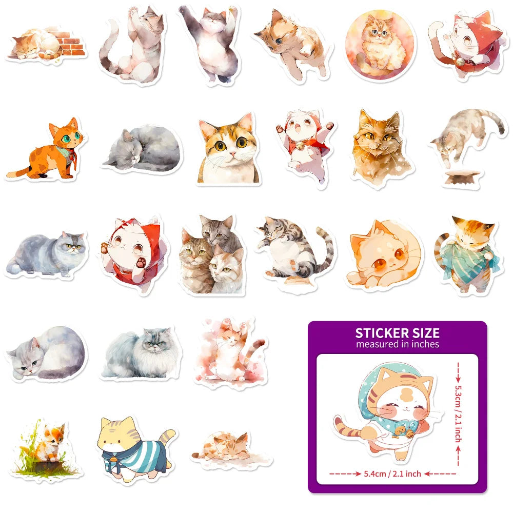 50Pcs Kawaii Painting Watercolor Cat Stickers Pack for Kids Cartoon Cute Graffiti Decals Scrapbooking Luggage Laptop Sticker