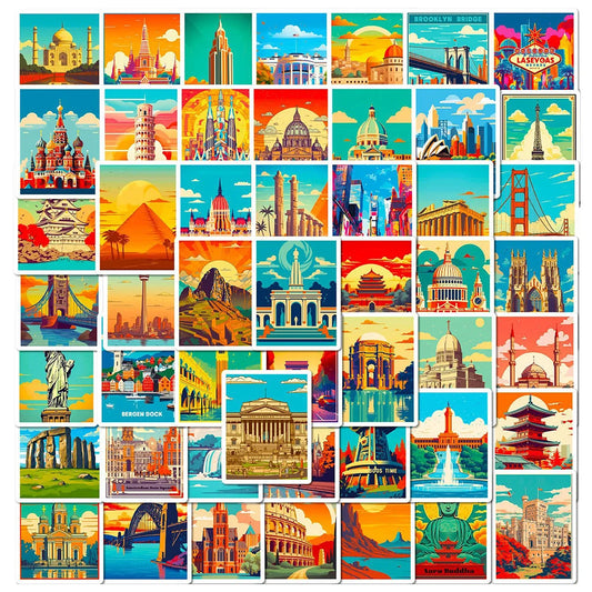 Cartoon Landmark Stickers: Laptop, Scrapbook, Phone, Guitar, Wall Decor