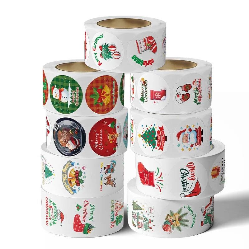 500pcs/roll Cartoon Merry Christmas Sticker Santa Claus Tree Paper Label New Year Cute Snowman Stationery Stickers For Kids Gift