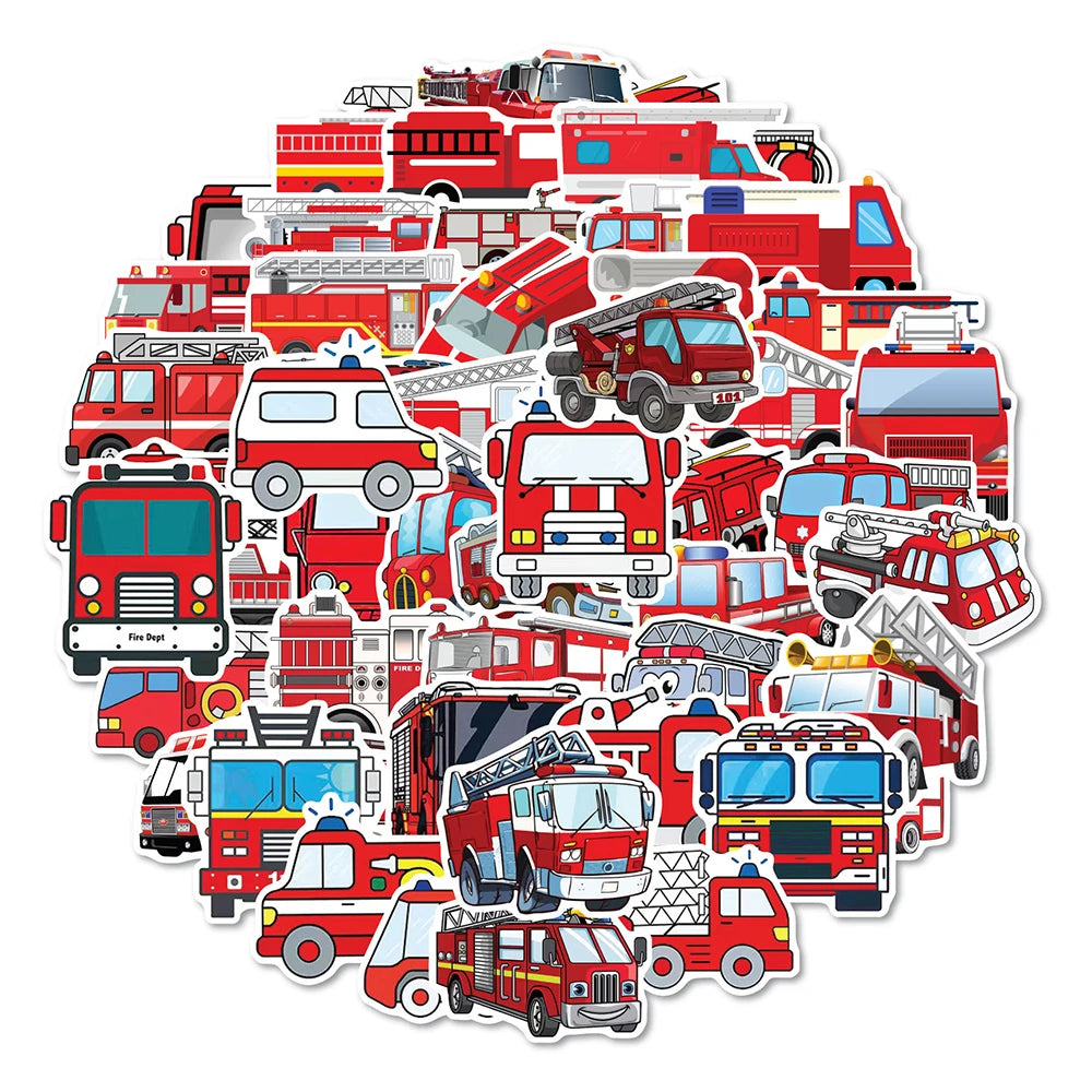 10/30/50/100PCS Cartoon Fire Engine Stickers Kids Decals Toy DIY Notebook Suitcase Phone Fridge Bike PVC Waterproof Sticker Gift