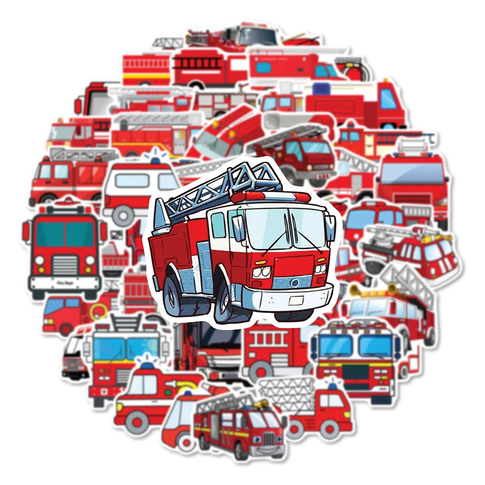 10/30/50/100PCS Cartoon Fire Engine Stickers Kids Decals Toy DIY Notebook Suitcase Phone Fridge Bike PVC Waterproof Sticker Gift