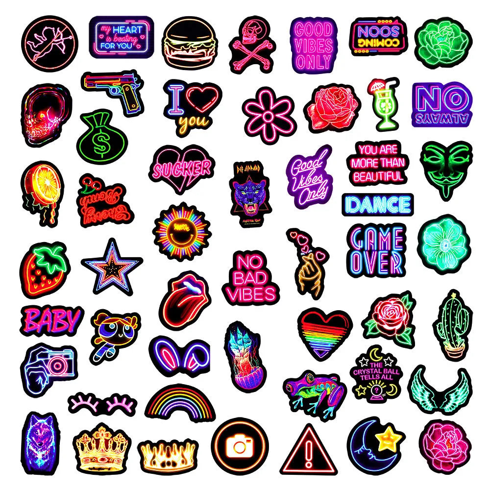 10/30/50PCS New Neon Stickers Cute Cartoon Mobile Phone Guitar Helmet Bottle Car Decal Graffiti Wallpaper Decoration Toy Gift