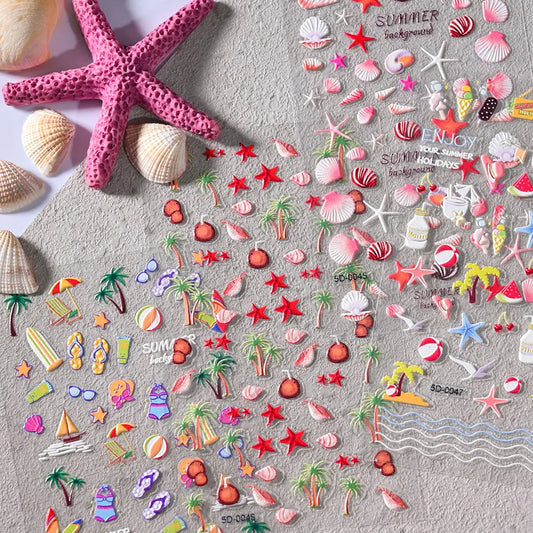 Tropical Beach 5D Nail Stickers: Shells & Starfish Decor