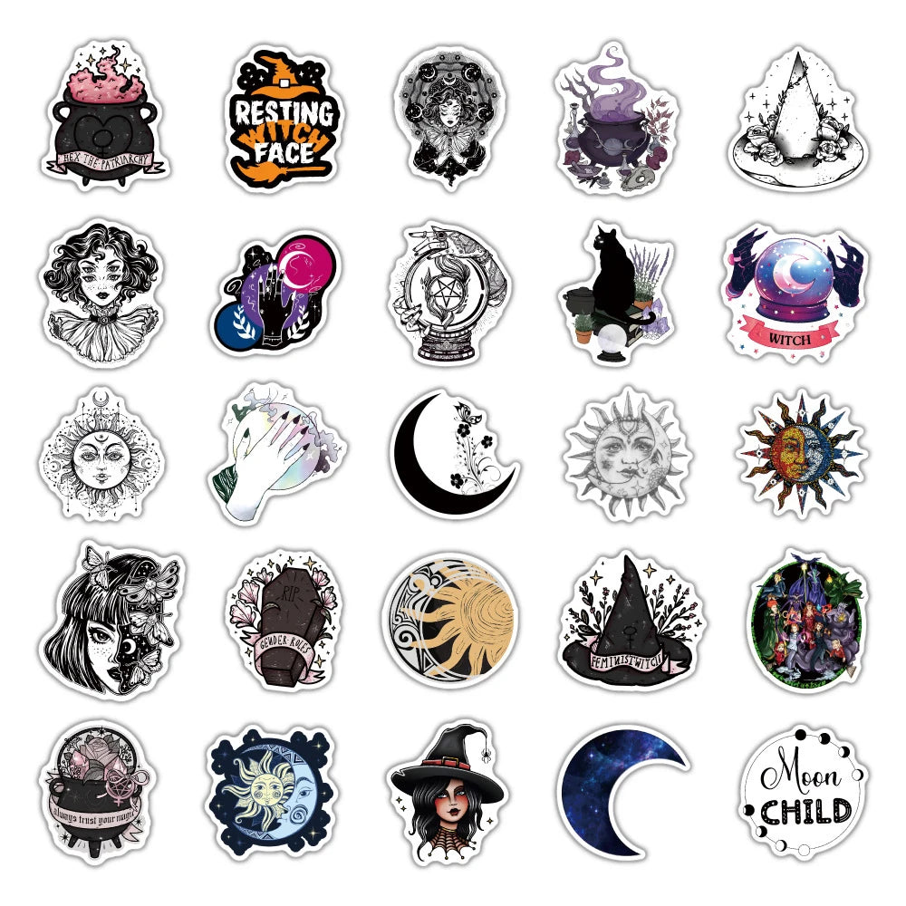 10/30/50/110pcs Cool Witch Moon Gothic Cartoon Stickers Aesthetic Decals Skateboard Laptop Guitar Phone Graffiti Sticker Kid Toy