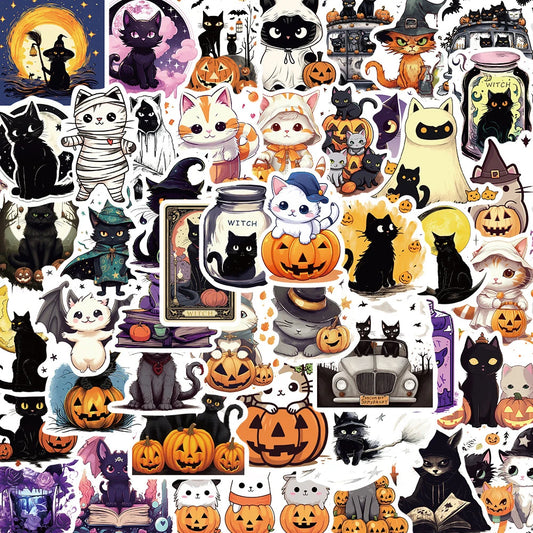 Halloween Black Cat Pumpkin Stickers - Cute Witch Decals for Laptop, Motorcycle, Phone, Car - Waterproof 10/30/50pcs