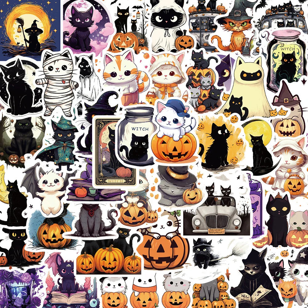 Halloween Black Cat Pumpkin Stickers - Cute Witch Decals for Laptop, Motorcycle, Phone, Car - Waterproof 10/30/50pcs