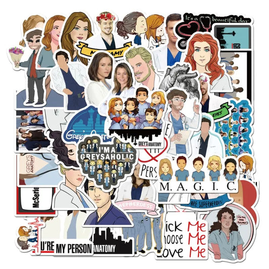 50pcs Grey's Anatomy Cartoon Stickers for Laptop, Phone, Car, Water Bottle, Suitcase, Refrigerator