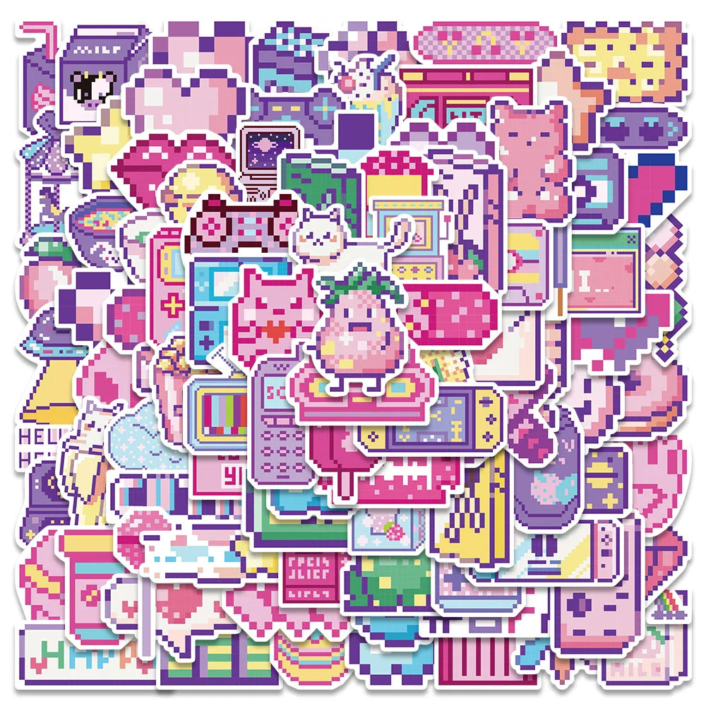 95PCS Cute Pink Pixel Cartoon Stickers Waterproof DIY Luggage Laptop Decals