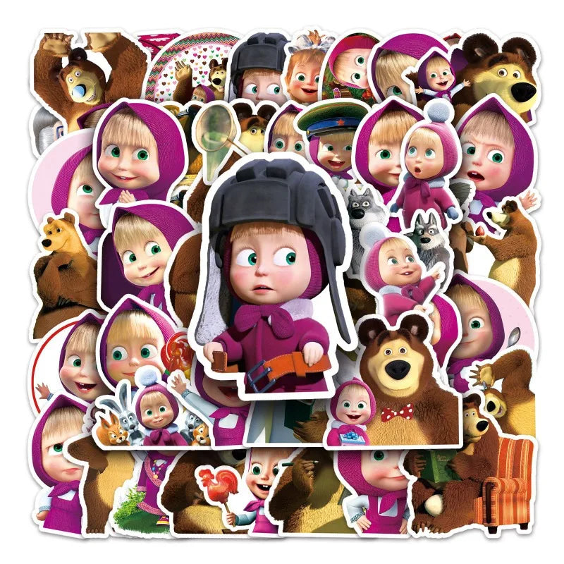 50pcs Masha and The Bear Stickers for Laptop, Water Bottle, Suitcase, Scooter, Refrigerator