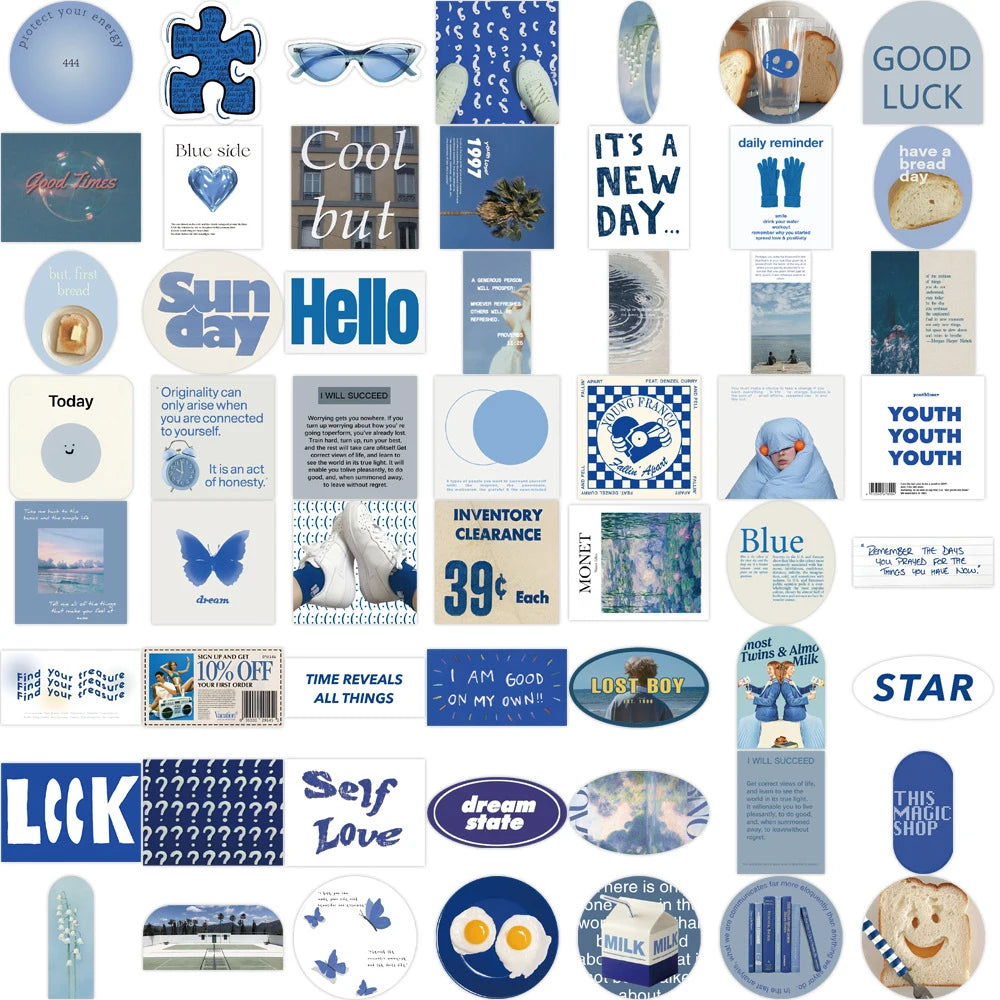 10/30/57PCS Ins Style Cute Blue Stickers Aesthetic Wall Decals PVC Waterproof DIY Skateboard Laptop Phone Fridge Guitar Sticker