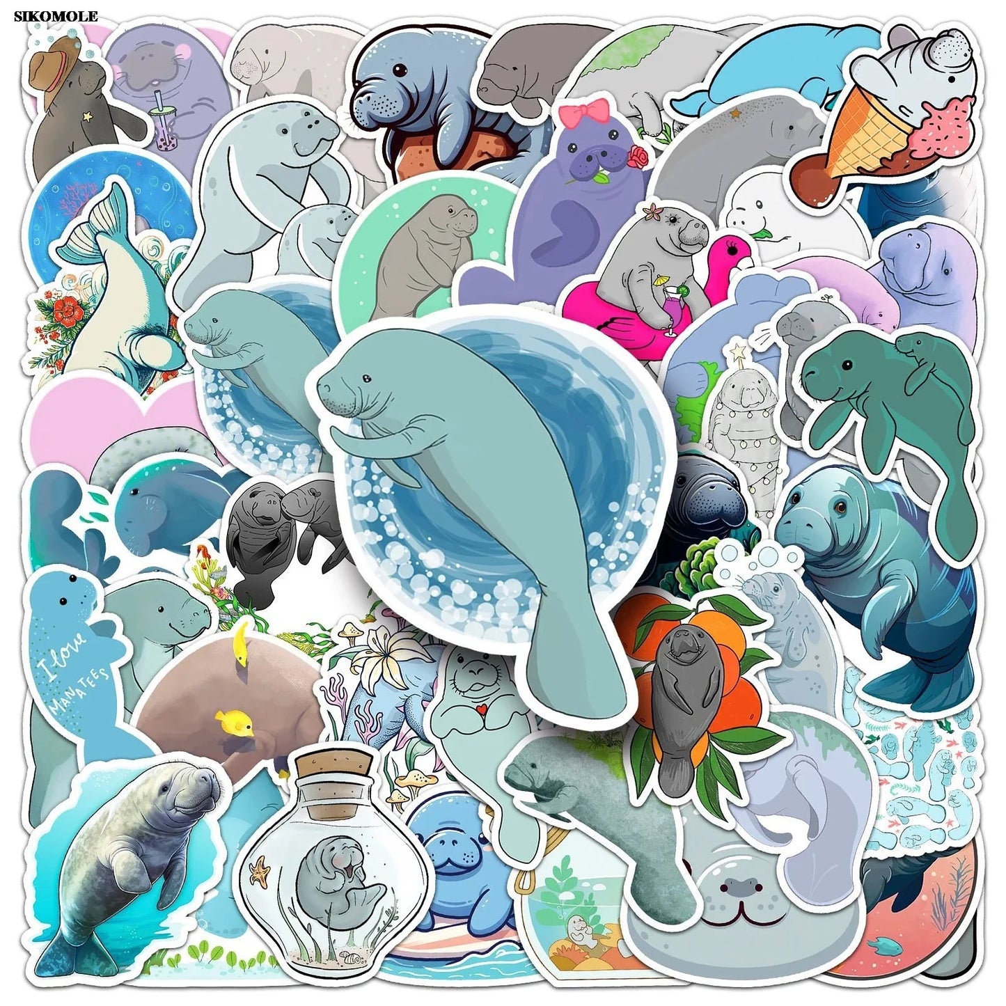 Cartoon Manatee Stickers Pack for Laptop Luggage DIY Decor