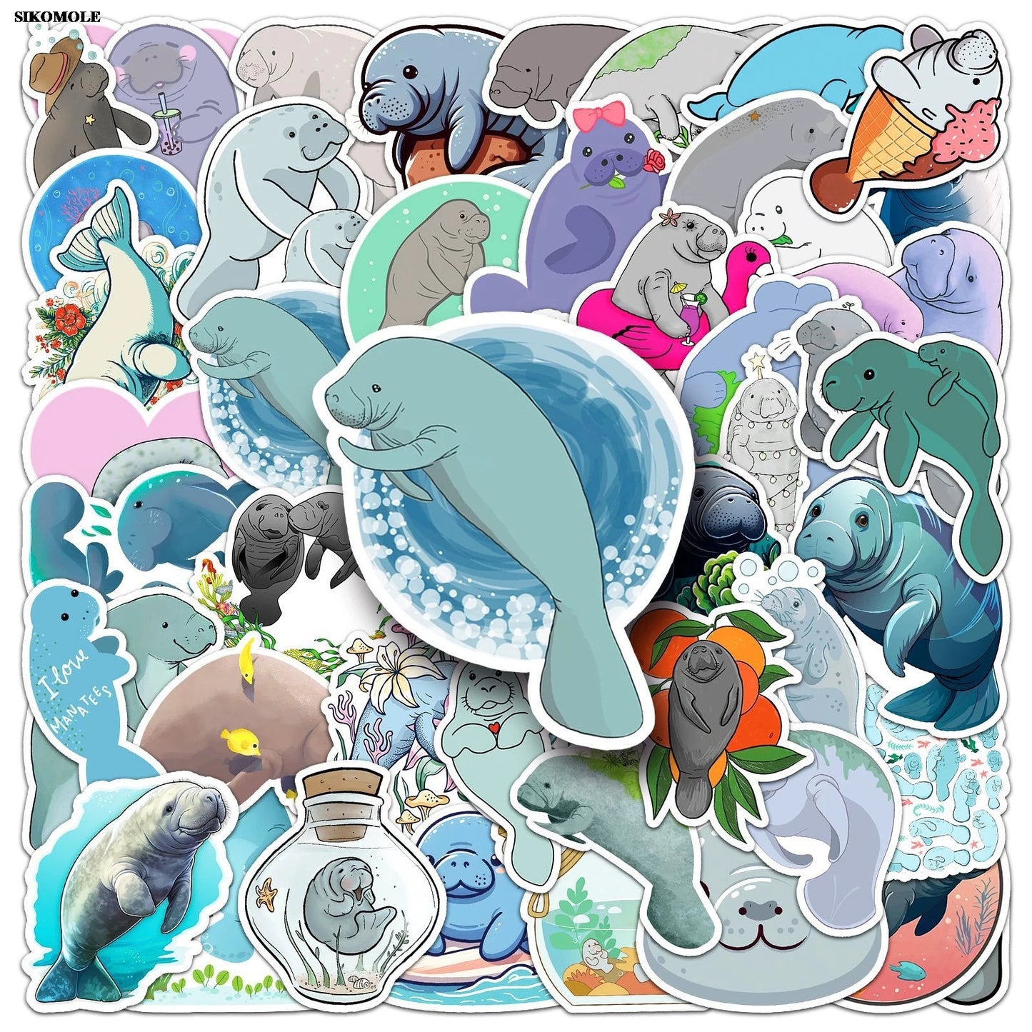 Cartoon Manatee Stickers Pack for Laptop Luggage DIY Decor