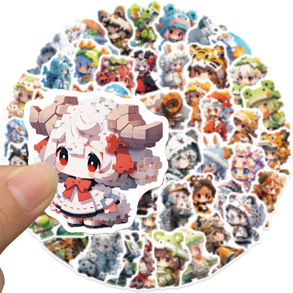 10/25/50PCS Cartoon Pixel Wind Animal Girl Graffiti Sticker Waterproof PVC Cute Luggage Guitar Skateboard Cup Phone DIY Decal