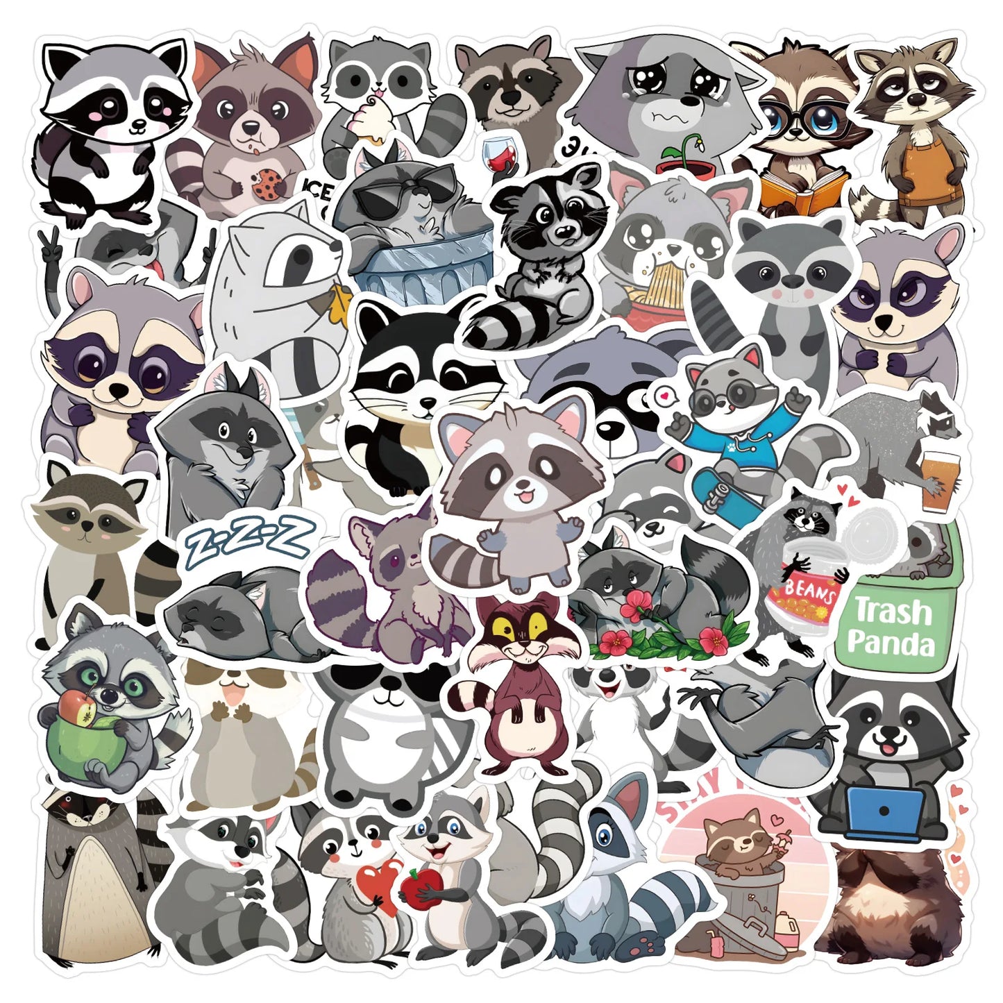 10/30/60PCS Kawaii Raccoon Stickers Cartoon Graffiti Cute Animal Decals DIY Ornament Car Bike Guitar Diary Scrapbook Kids Toy