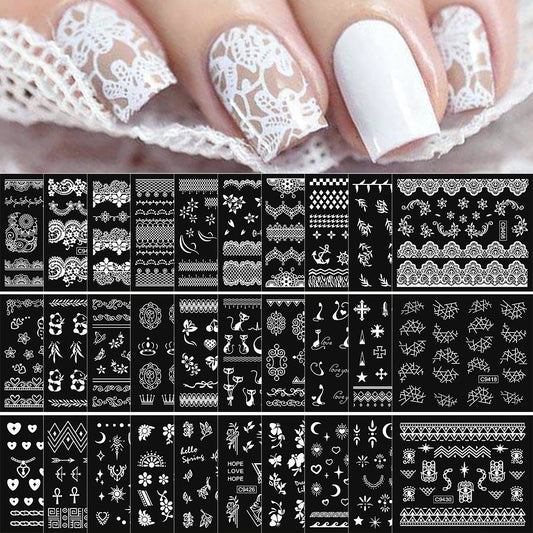 30pcs Lace Nail Stickers: Black & White Floral Star Designs