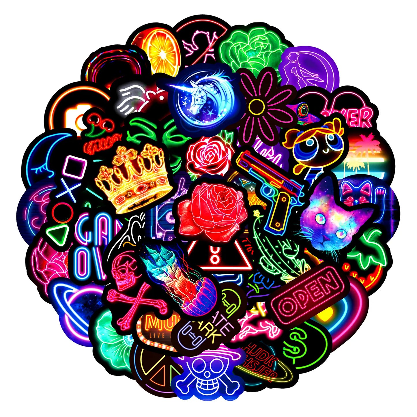 10/30/50PCS Neon Light Sticker Graffiti Sticker Scrapbook Notebook Car Guitar Wall Sticker Motorcycle Cute Cartoon Decoration