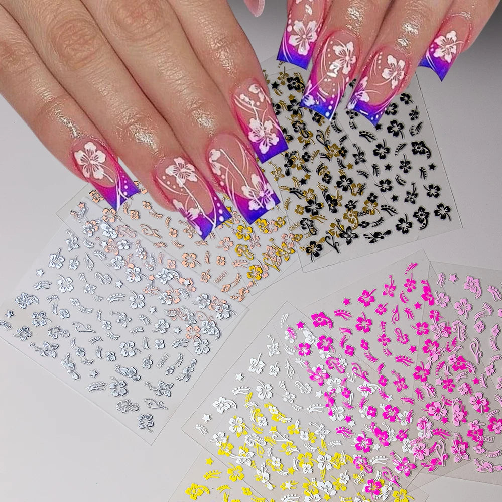 3D Hawaiian Flower Nail Stickers, Self-Adhesive Decals