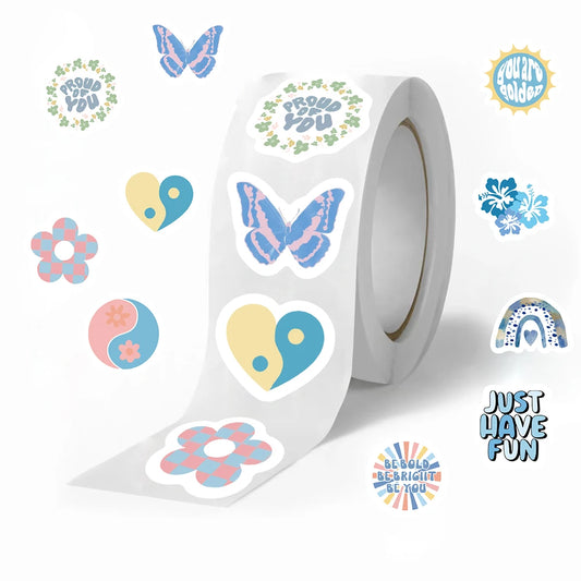 500PCS Blue Love Flowers Stickers for New Cartoon Animals Roll Sticker Packaging Flower Rolling Label Reward Decals