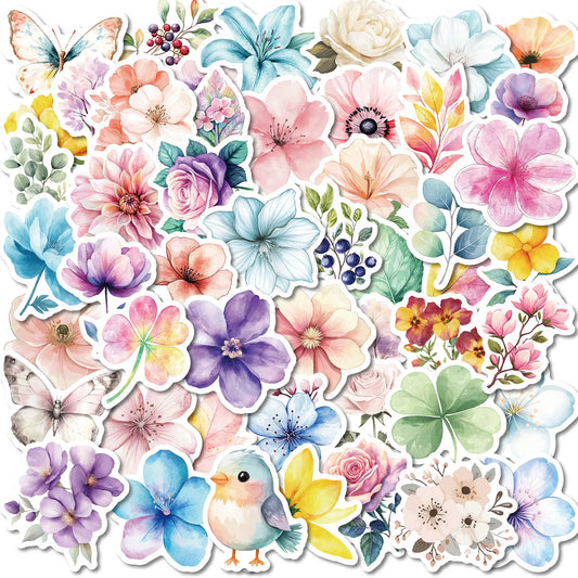 50Pcs Cartoon Watercolor Flower Stickers for Helmet, Wall, DIY Decoration