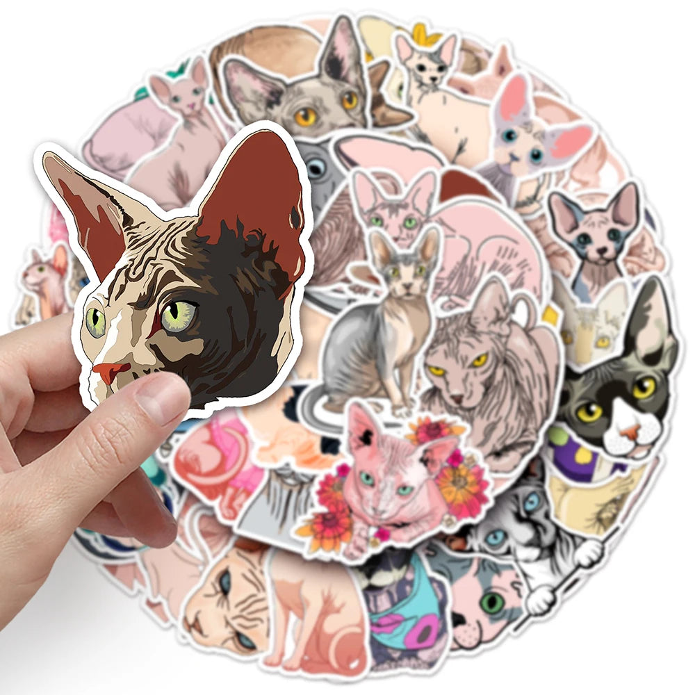 10/30/50PCS Sphynx Cats Stickers Cute Animal Decals Toys DIY Skateboard Phone Fridge Laptop Bike Car PVC Waterproof Sticker Gift