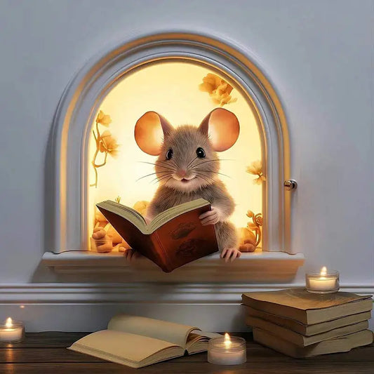 Mouse Hole Wall Sticker, Book Lover's Vinyl Decal, Reading Mouse Decor, Cute Mouse Sticker