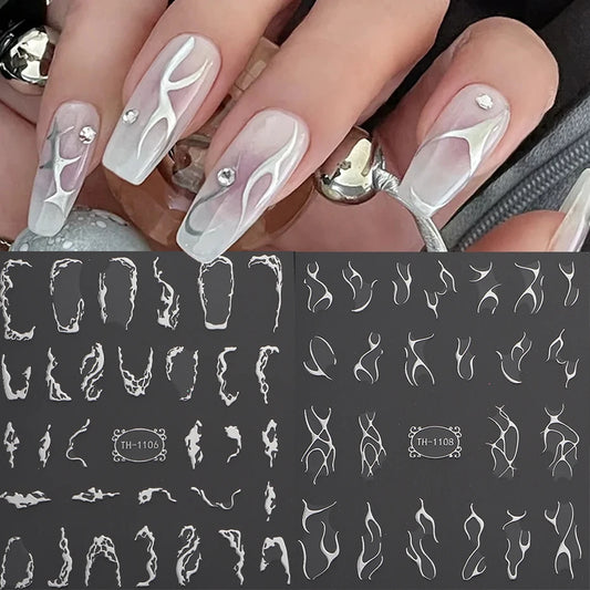 3D Metallic Silver Nail Stickers Thorns Vine Curve Stripes Tape Swirl Decals