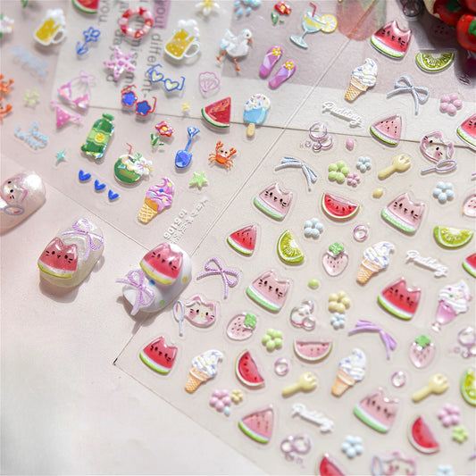 Beach Nail Art Stickers: Watermelon, Ice Cream, Coconut