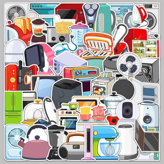 50pcs Cartoon Household Appliances Stickers for Helmet, Wall, DIY Decoration
