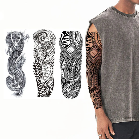 Waterproof Temporary Tattoo Stickers Dragon Totem Geometric Full Arm Sleeve Tatoo Fake Tattoos for Men Women