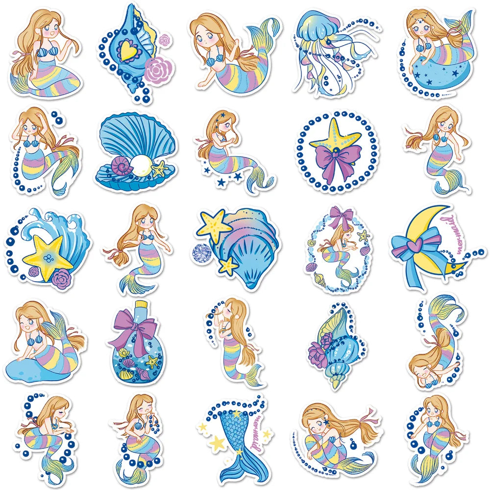 10/50Pcs Mermaid Cute Cartoon Sticker DIY Guitar Laptop Luggage Skateboard Graffiti Decals Fun for Kid