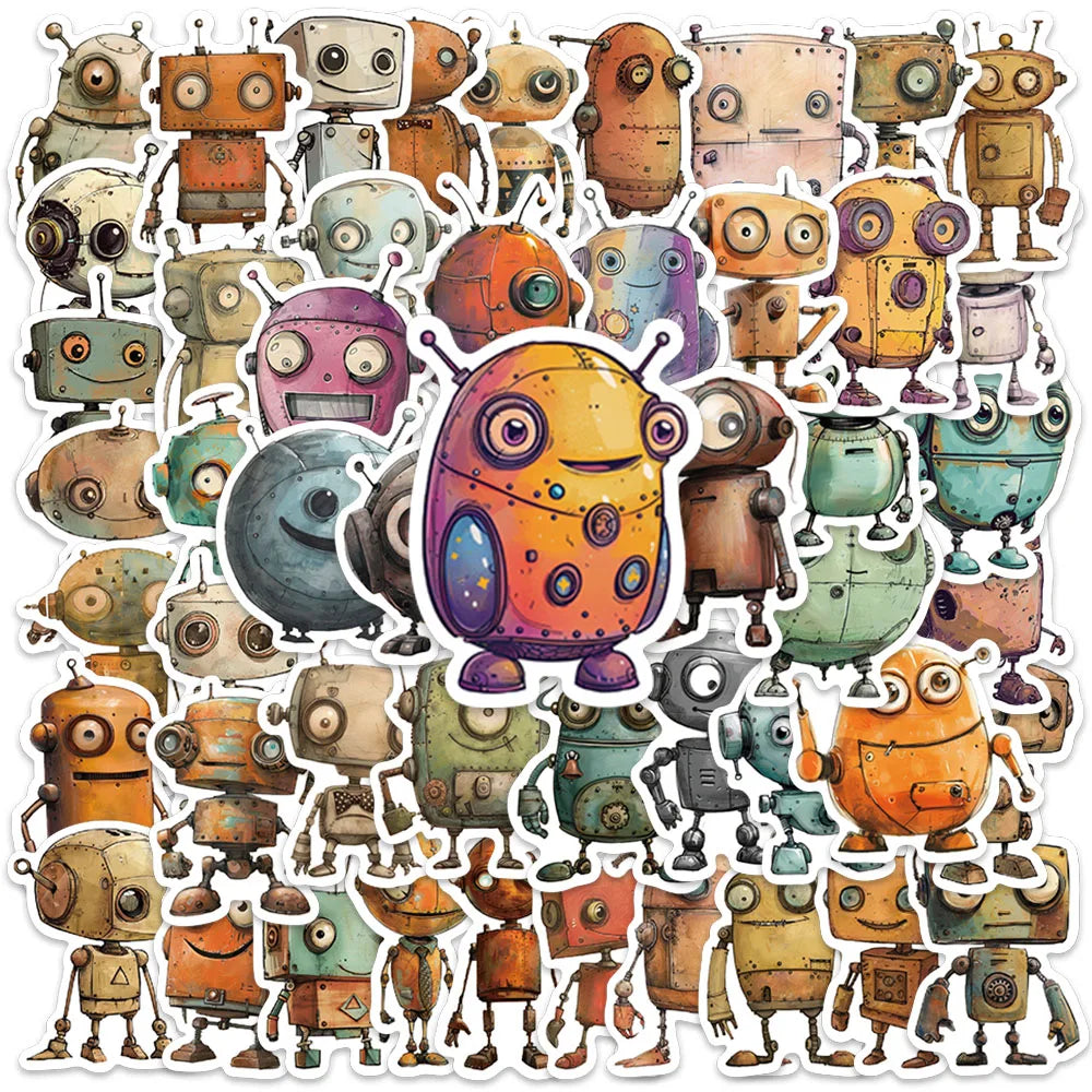 50pcs Vintage Cartoon Whimsical Robot Stickers Laptop Decals Luggage Guitar Diary Phone Waterproof Graffiti Vinyl Car Stickers
