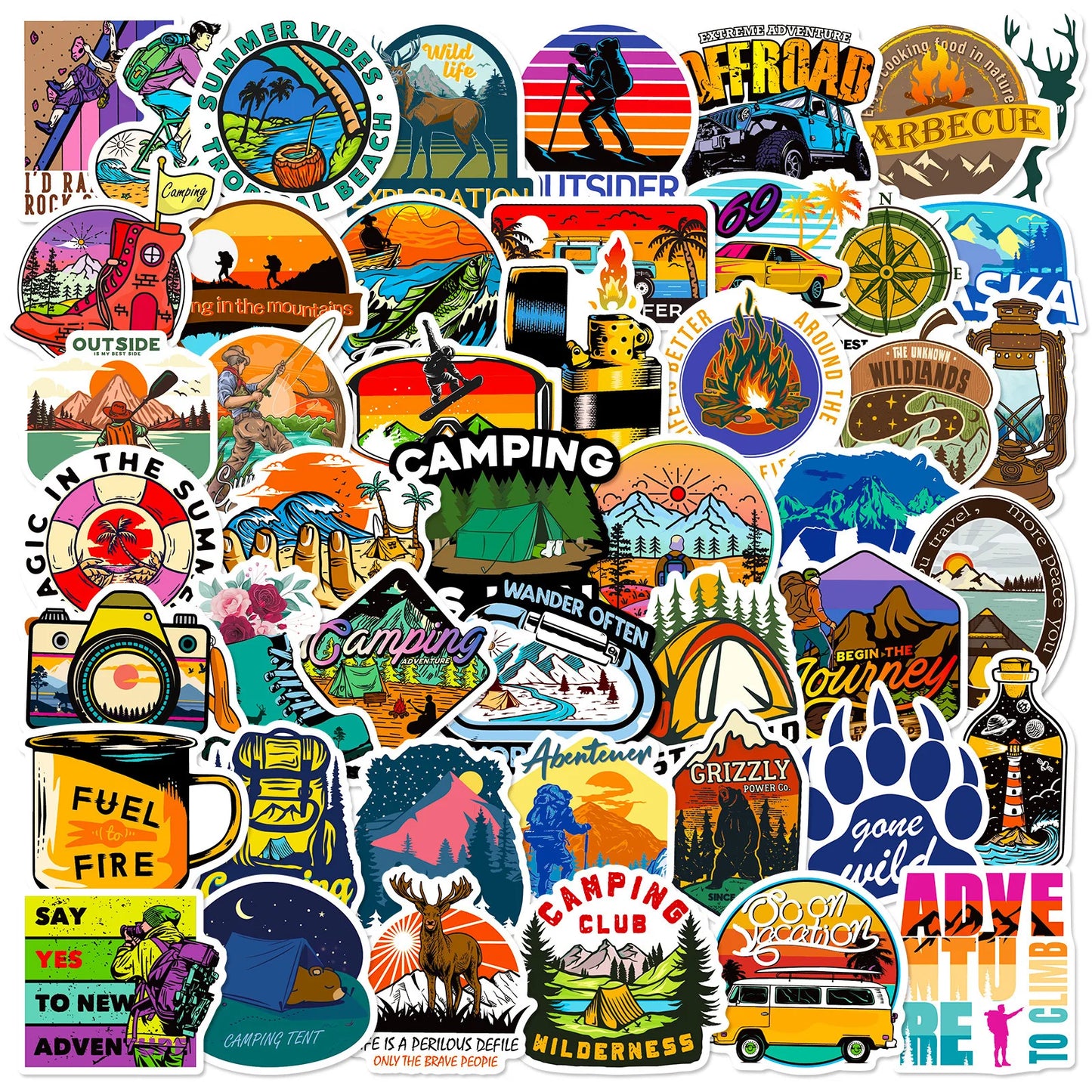 50Pcs Cartoon Seaside Journey Graffiti Stickers for Helmet, Wall, Desktop Decoration