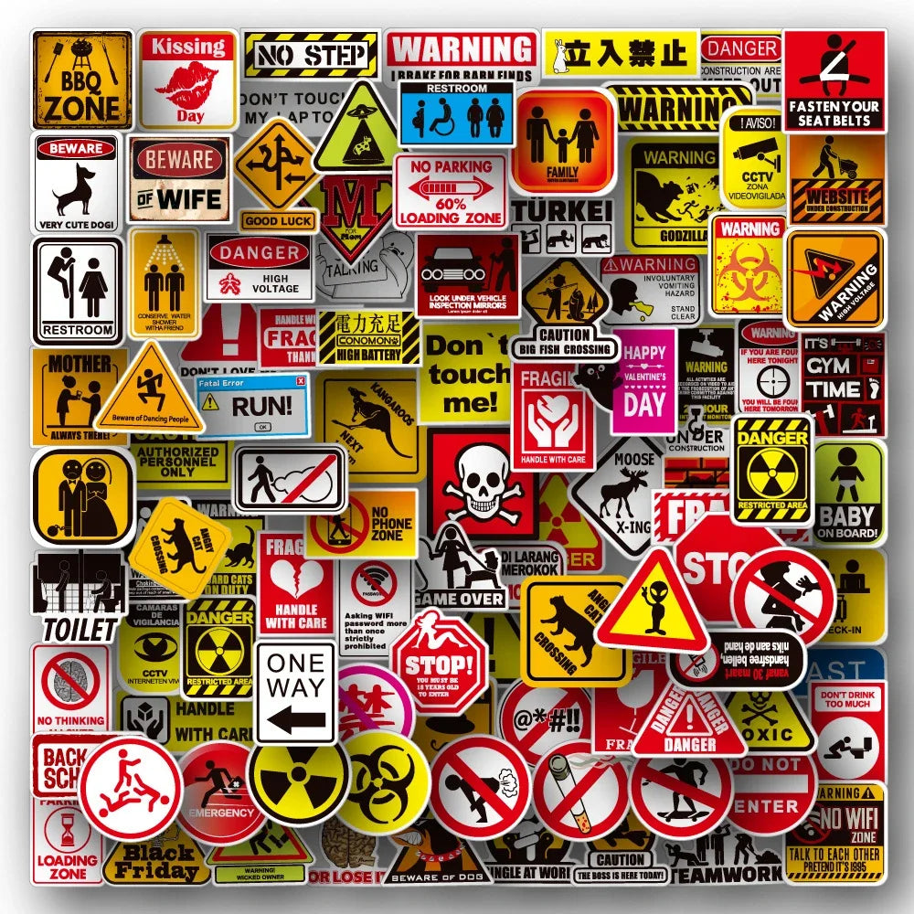 100 Cartoon Warning Stickers for Skateboard & Laptop